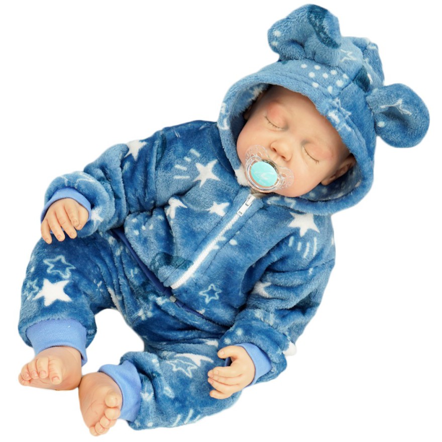 Niebieski komplet GWIAZDKI ciepły plusz BLUZA + SPODNIE uszy