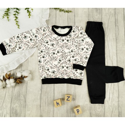 Czarna PIŻAMA w koty długi rękaw wzór 418