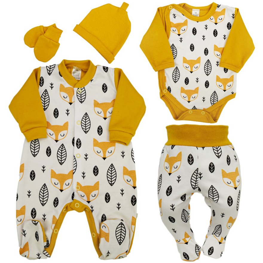 WYPRAWKA dla noworodka do szpitala 5 części musztarda liski 412