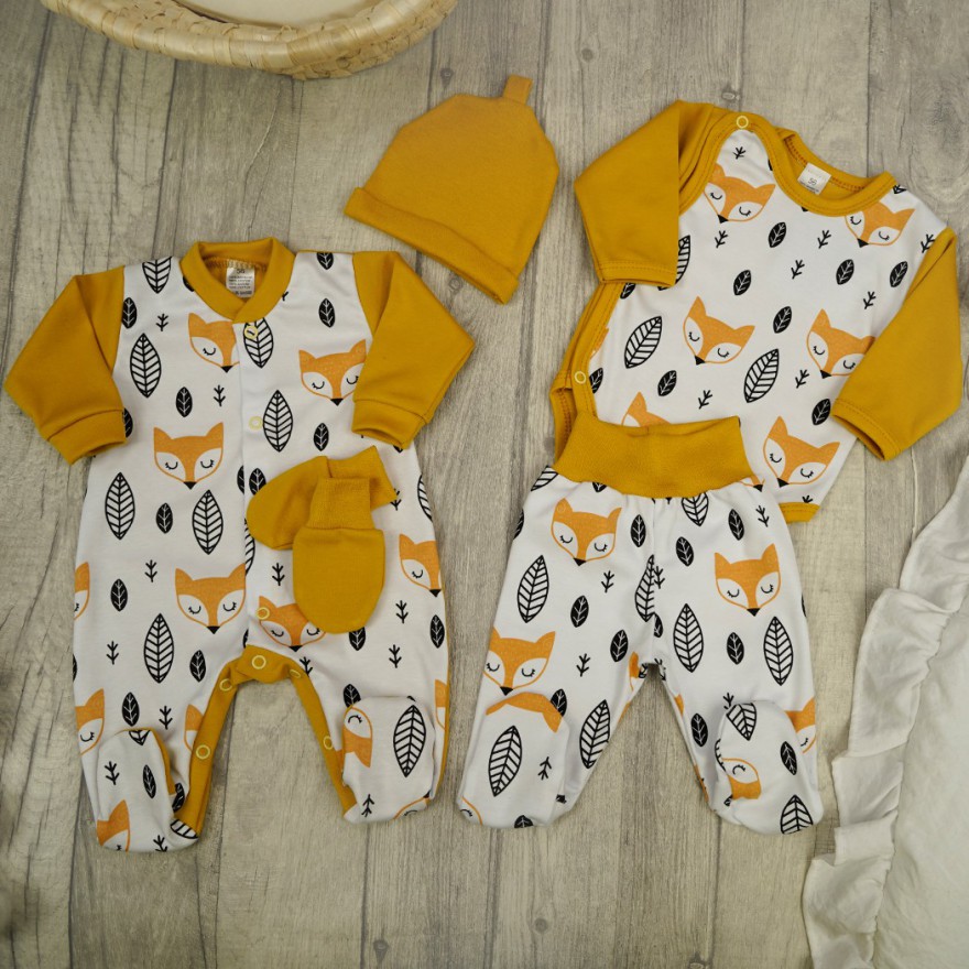 WYPRAWKA dla noworodka do szpitala 5 części musztarda liski 412