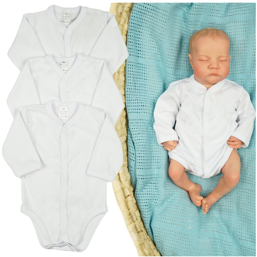 3pak białe BODY rozpinane z długim rękawem