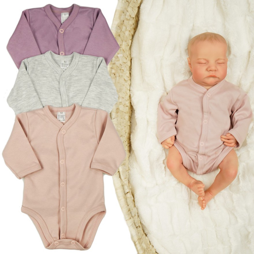 3pak BODY rozpinane WCZEŚNIAK wrzos róż szary długi rękaw