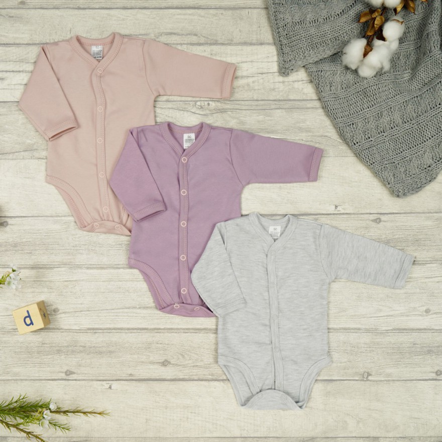 3pak BODY rozpinane WCZEŚNIAK wrzos róż szary długi rękaw