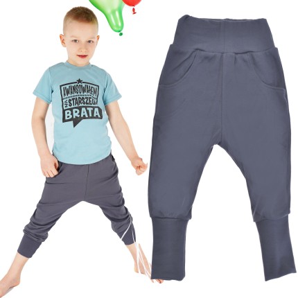 Likwidacja Grafitowe spodnie bawełniane lekkie z wyciąganą gumką bezuciskowe NEON szkoła