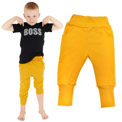 Likwidacja Musztardowe spodnie bawełniane lekkie z wyciąganą gumką bezuciskowe NEON