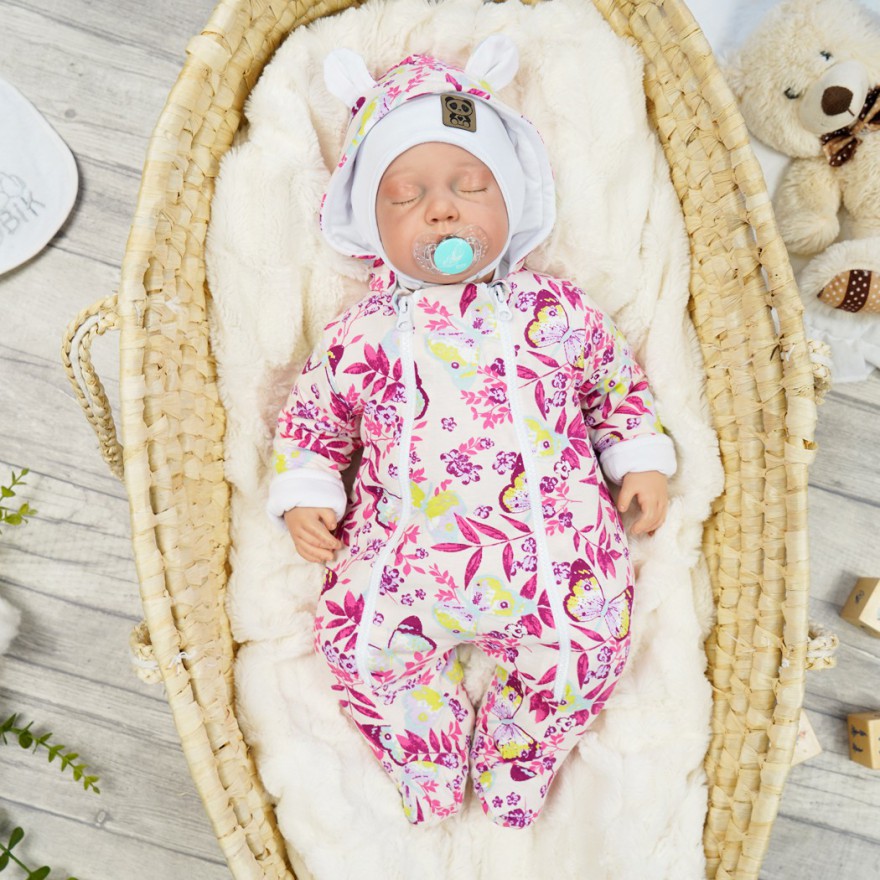 Różowy OCIEPLANY KOMBINEZON motyle i kwiaty wiosna jesień