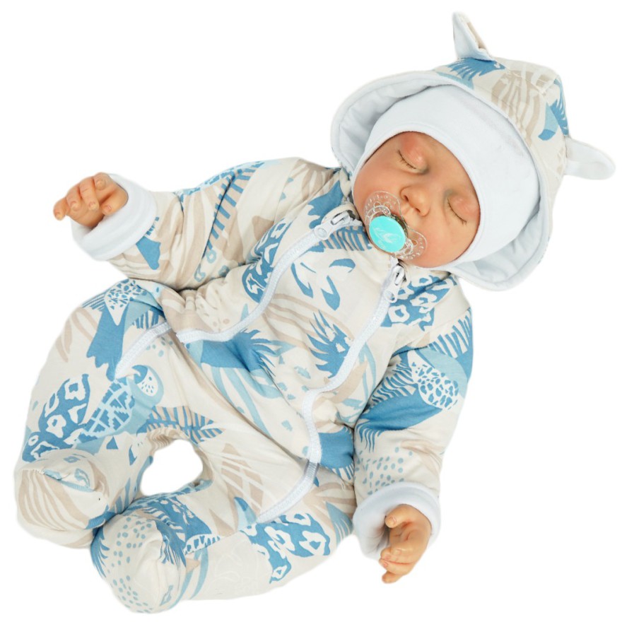 Kombinezon beżowo-niebieski w ptaki ocieplany z dresówki