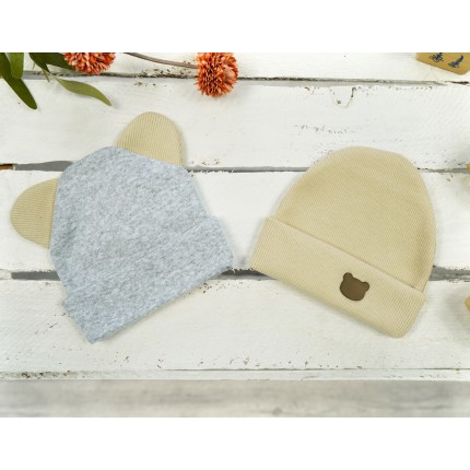 2PAK CZAPKA SMERFETKA szary-beż prążek + uszy wyprawka