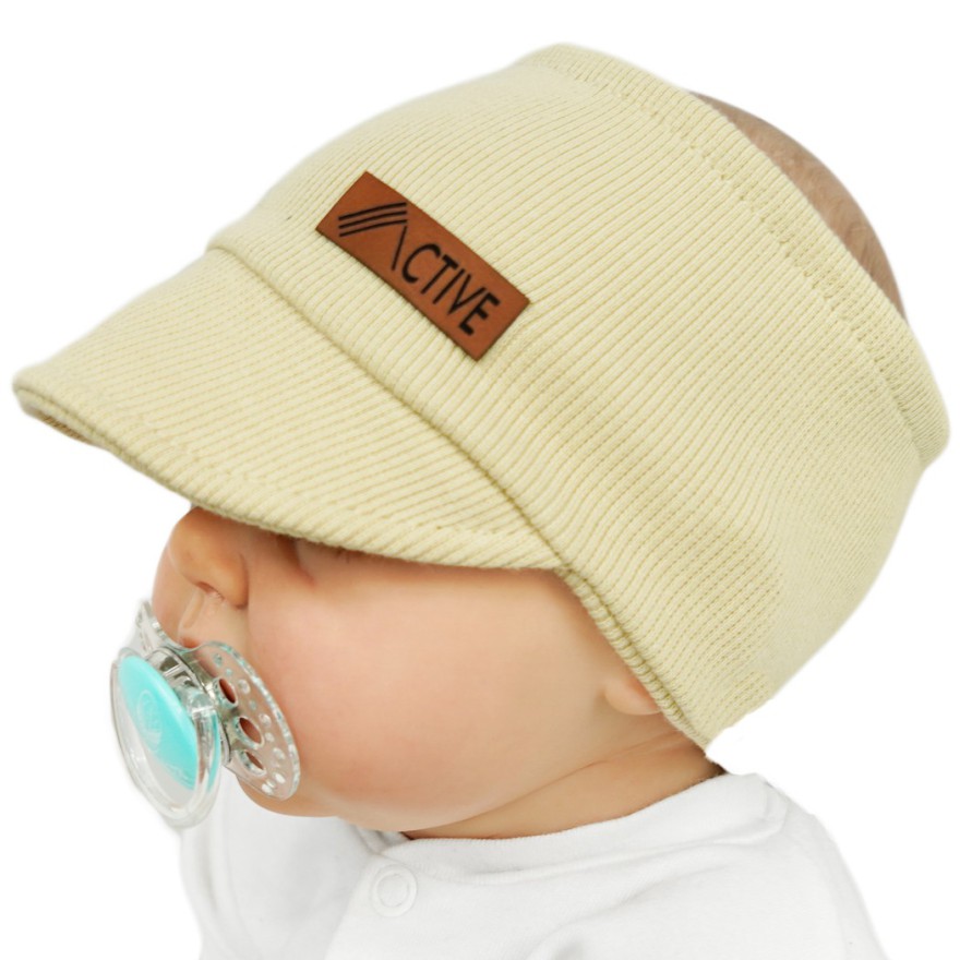 Beżowa OPASKA z daszkiem dziecięca w prążki ACTIVE