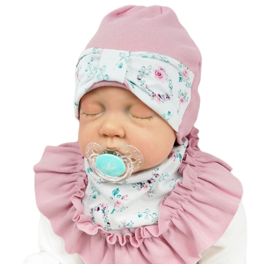 Różowy komplet CZAPKA + APASZKA z kokardką falbanką w kwiaty Maja wyprzedaż