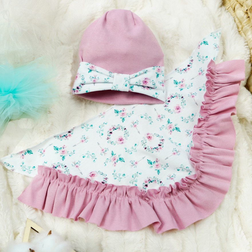 Różowy komplet CZAPKA + APASZKA z kokardką falbanką w kwiaty Maja wyprzedaż