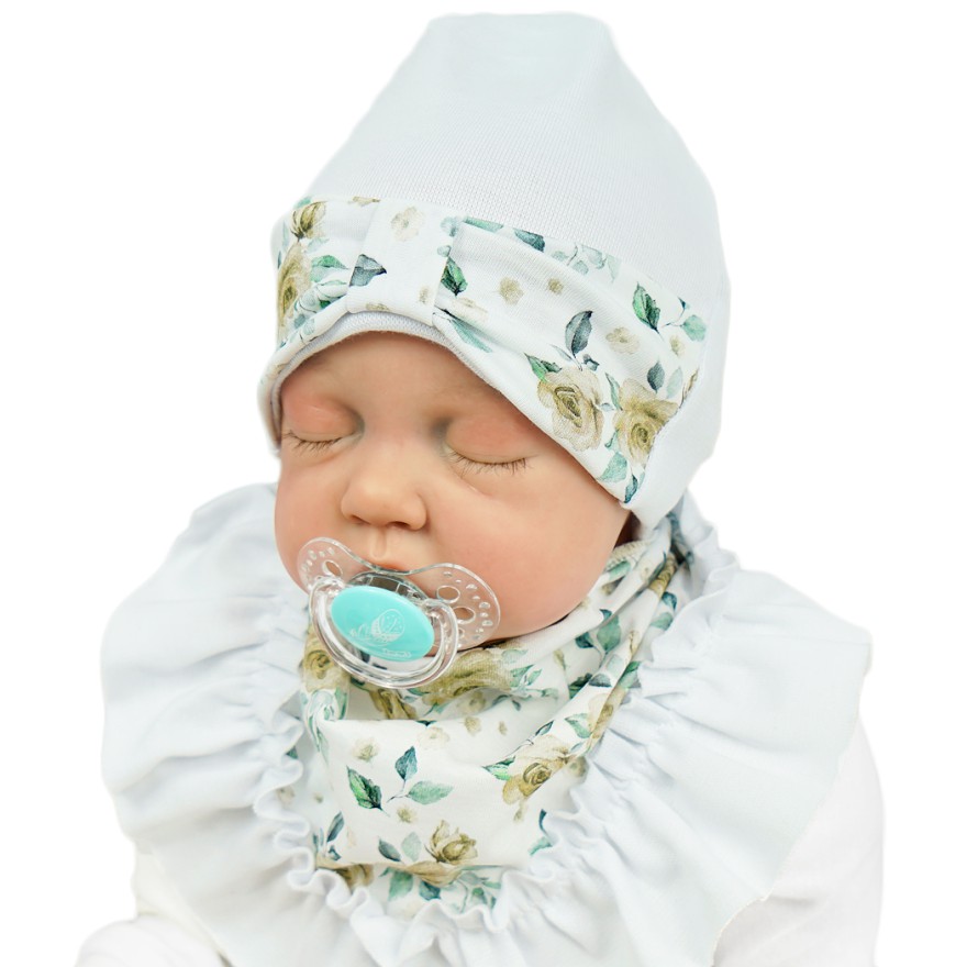 Biały komplet CZAPKA + APASZKA z kokardką falbanką w kwiaty Maja wyprzedaż