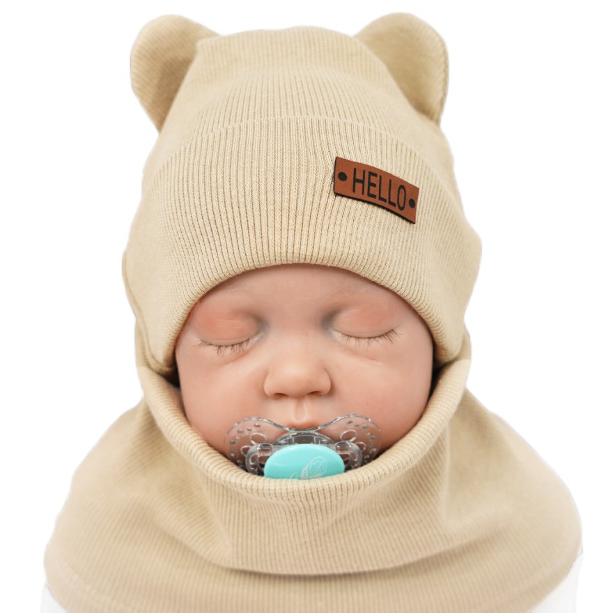 Beżowy komplet BEAR czapka + komin wiosna/jesień