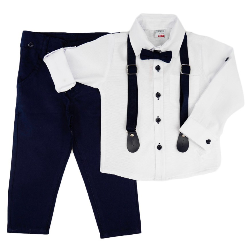 KOMPLET DLA CHŁOPCA koszula z kieszonką, spodnie, muszka, szelki święta