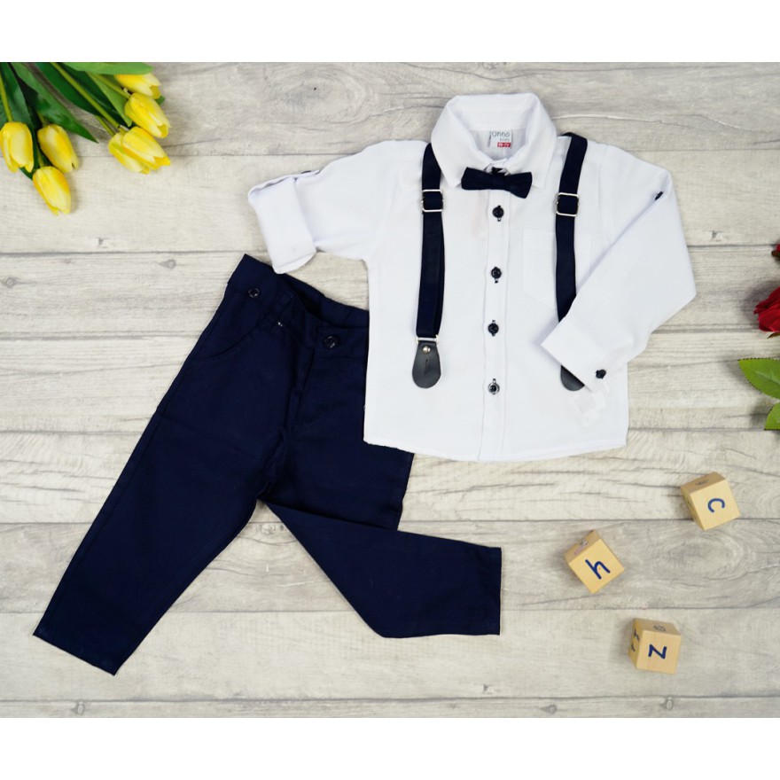 KOMPLET DLA CHŁOPCA koszula z kieszonką, spodnie, muszka, szelki święta