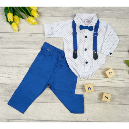 KOMPLET DLA CHŁOPCA body- koszula w kwadraciki, niebieskie spodnie, muszka, szelki, święta