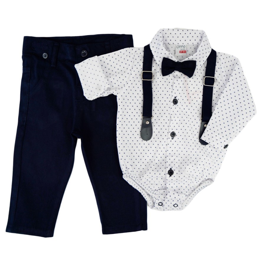 KOMPLET DLA CHŁOPCA body- koszula w kwadraciki, granatowe spodnie, muszka, szelki święta