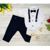 KOMPLET DLA CHŁOPCA body- koszula w kwadraciki, granatowe spodnie, muszka, szelki święta