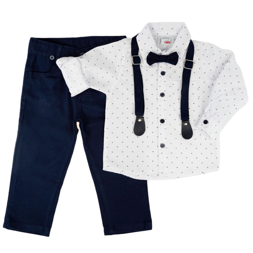 KOMPLET DLA CHŁOPCA WADLIWY koszula w listki, spodnie, muszka, szelki święta