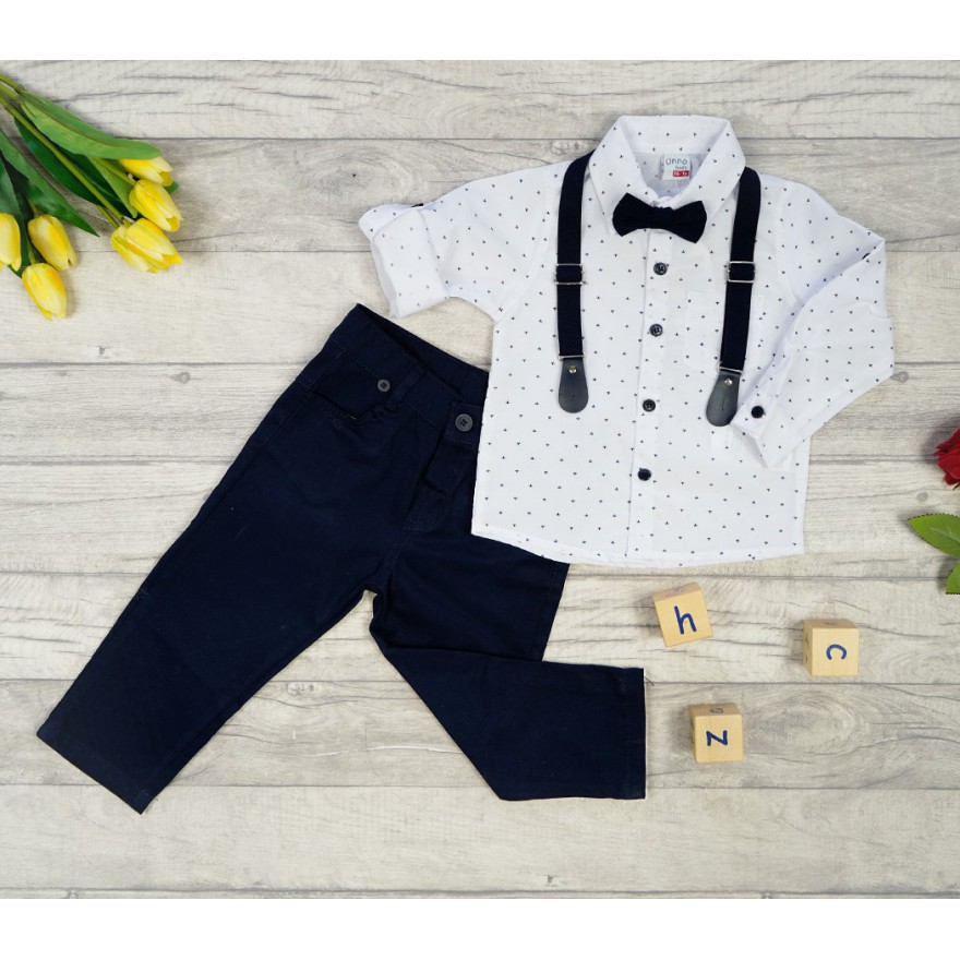 KOMPLET DLA CHŁOPCA WADLIWY koszula w listki, spodnie, muszka, szelki święta