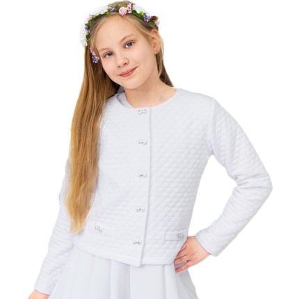 Białe BOLERKO pikowane komunijne KOMUNIA żakiet kokardki w.553