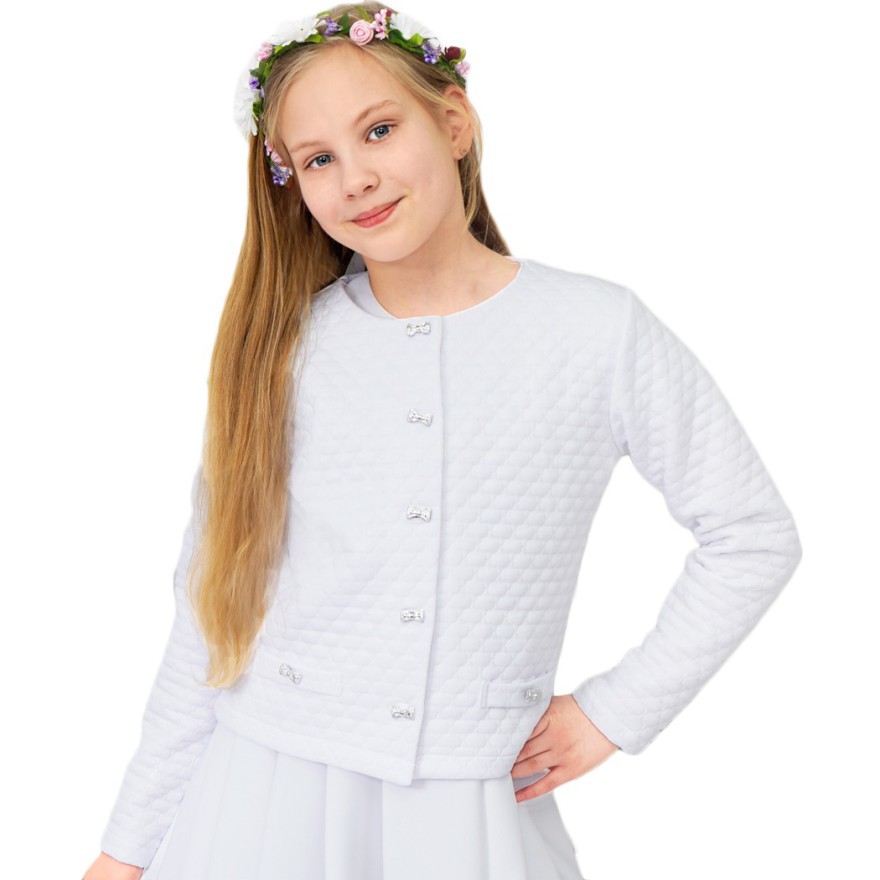 Białe BOLERKO pikowane komunijne KOMUNIA żakiet kokardki w.553