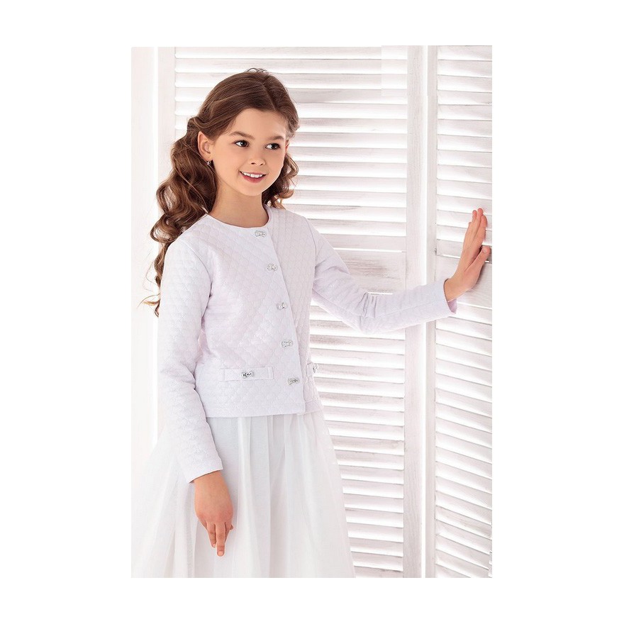 Białe BOLERKO pikowane komunijne KOMUNIA żakiet kokardki w.553