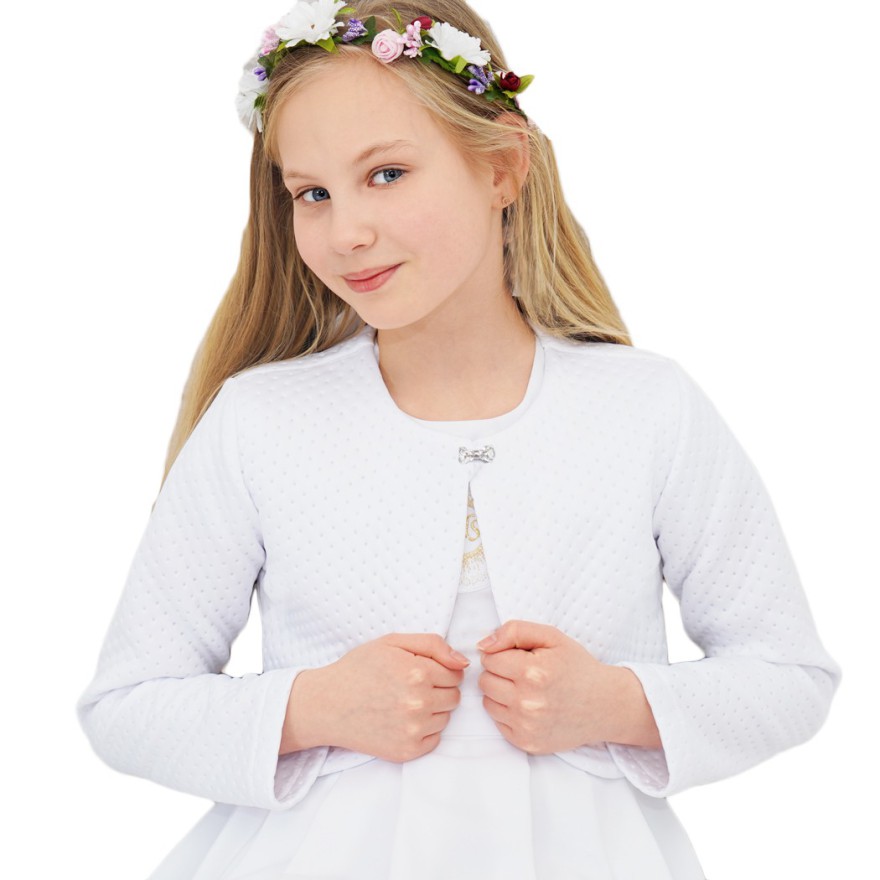 Białe BOLERKO pikowane krótkie komunijne KOMUNIA żakiet w.590