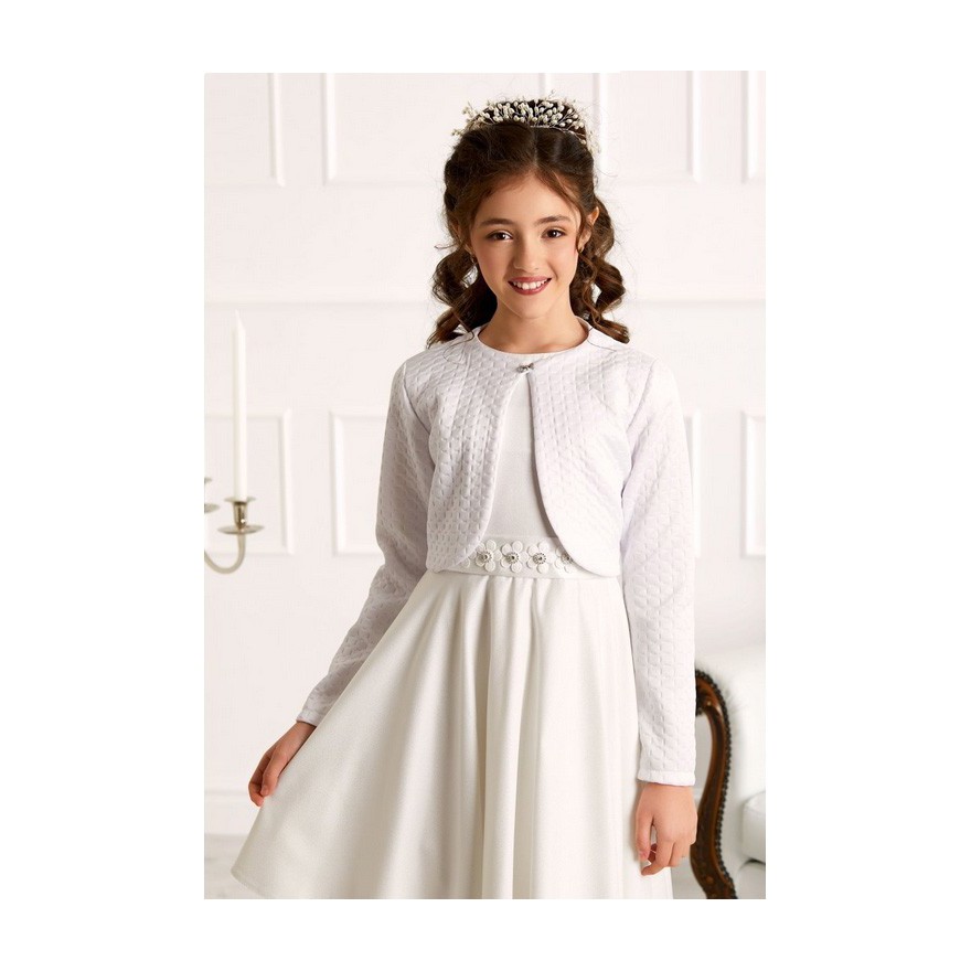 Białe BOLERKO pikowane krótkie komunijne KOMUNIA żakiet w.590