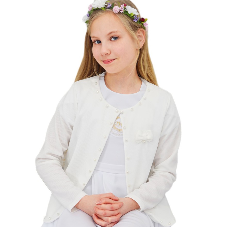 Ecru BOLERKO komunijne KOMUNIA żakiet perełki kokardka