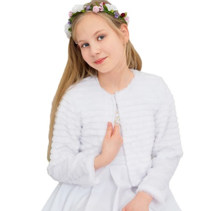 Białe BOLERKO komunijne KOMUNIA żakiet futrzane wdzianko w.885