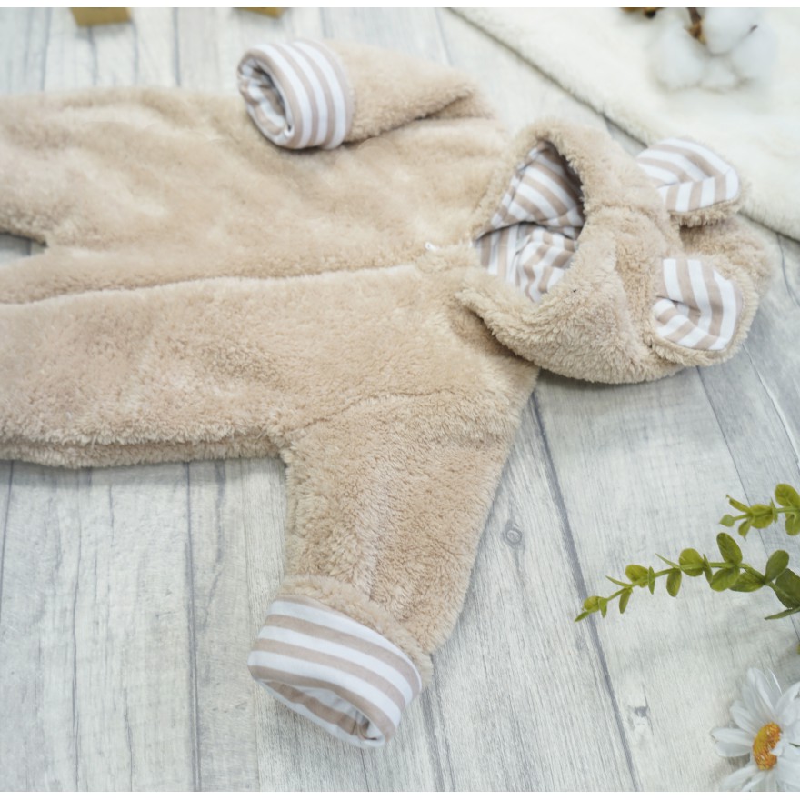 Beżowy KOMBINEZON futerkowy z uszkami w paski wiosna jesień