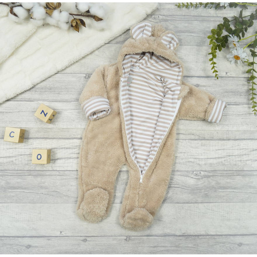 Beżowy KOMBINEZON futerkowy z uszkami w paski wiosna jesień