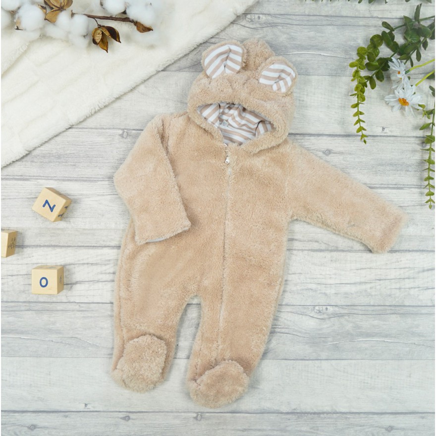 Beżowy KOMBINEZON futerkowy z uszkami w paski wiosna jesień