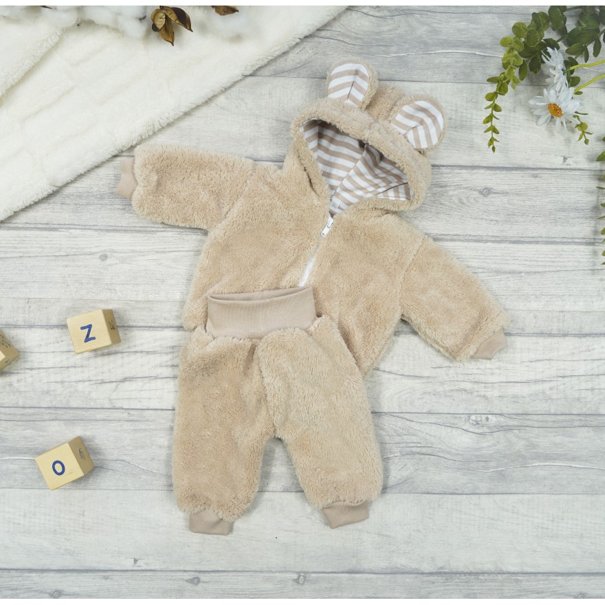 Beżowy KOMBINEZON 2-częściowy kurteczka + spodnie futerkowy miś uszy