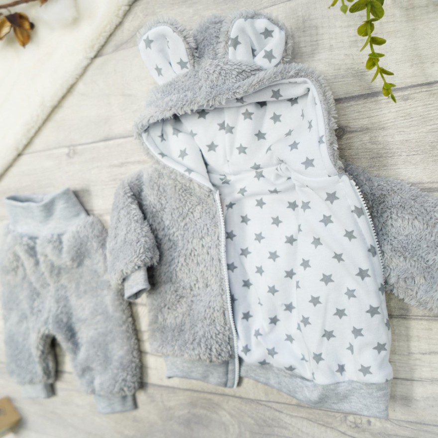 Szary KOMBINEZON 2-częściowy KURTECZKA+SPODNIE misiowe uszy