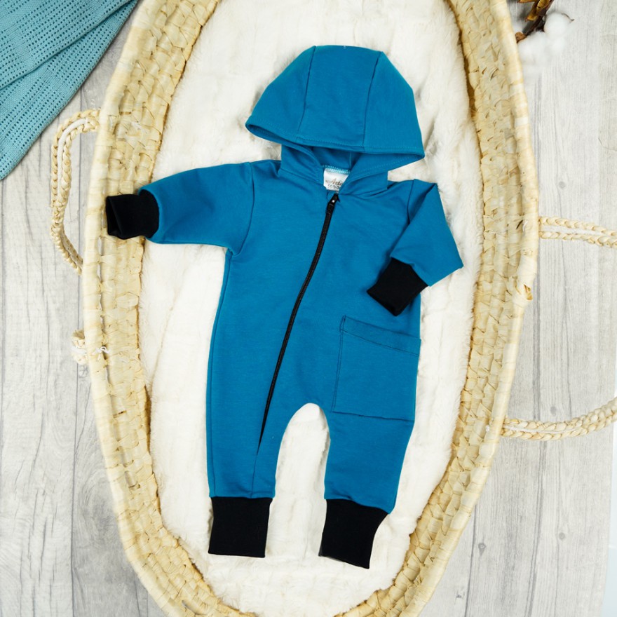 Turkusowy KOMBINEZON niemowlęcy dresowy pajac z kieszonką wiosna lato