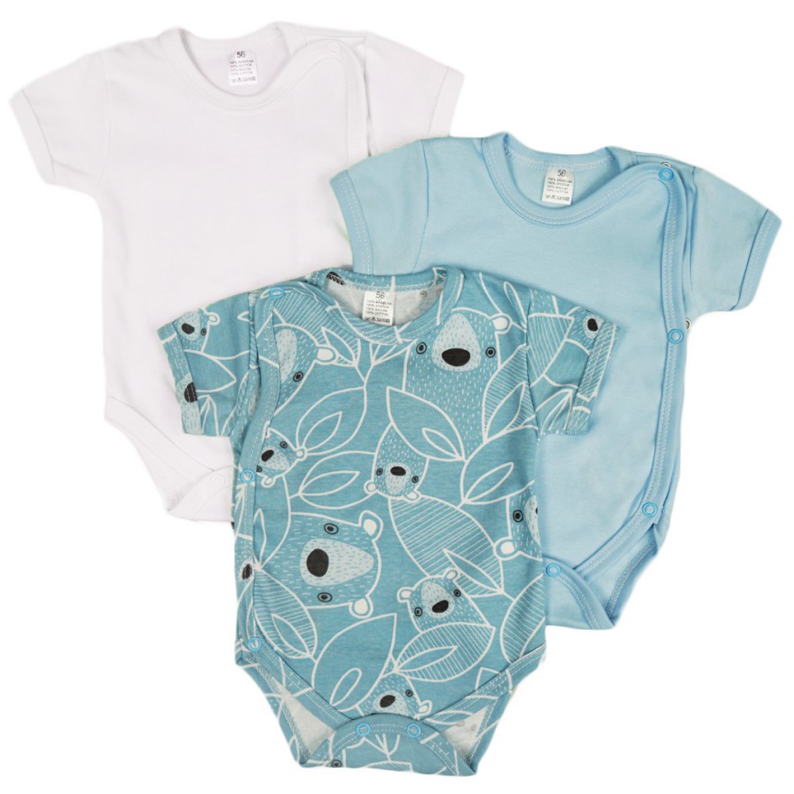 3PAK BODY kopertowe z krótkim rękawem niebieski miś WCZEŚNIAK