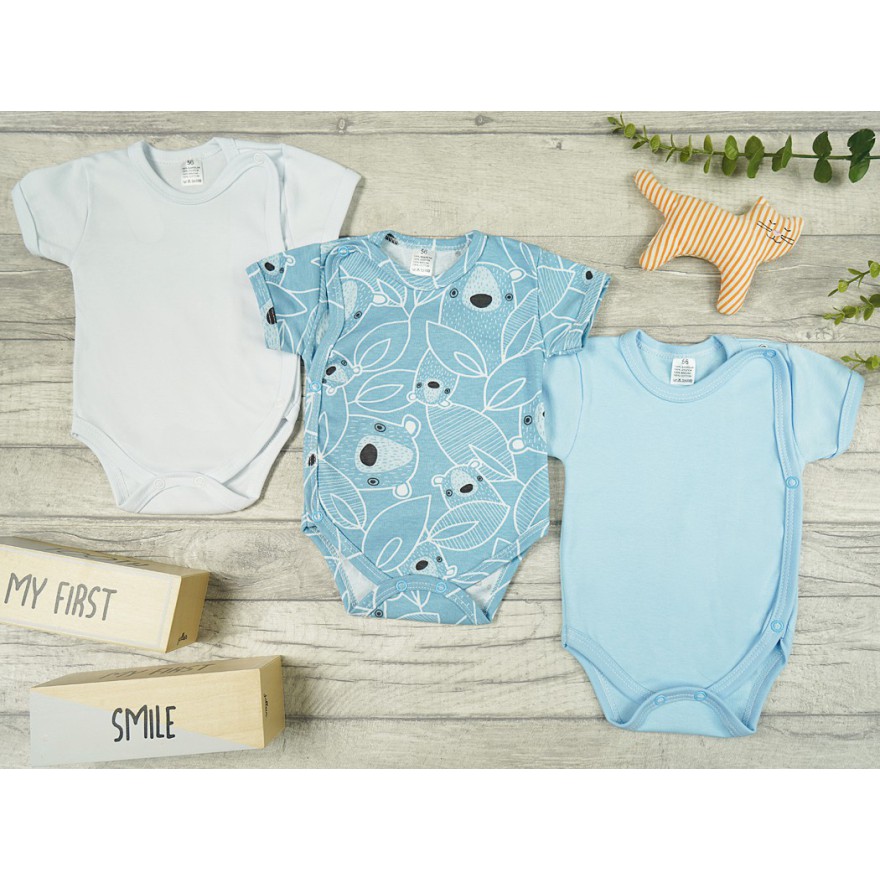 3PAK BODY kopertowe z krótkim rękawem niebieski miś