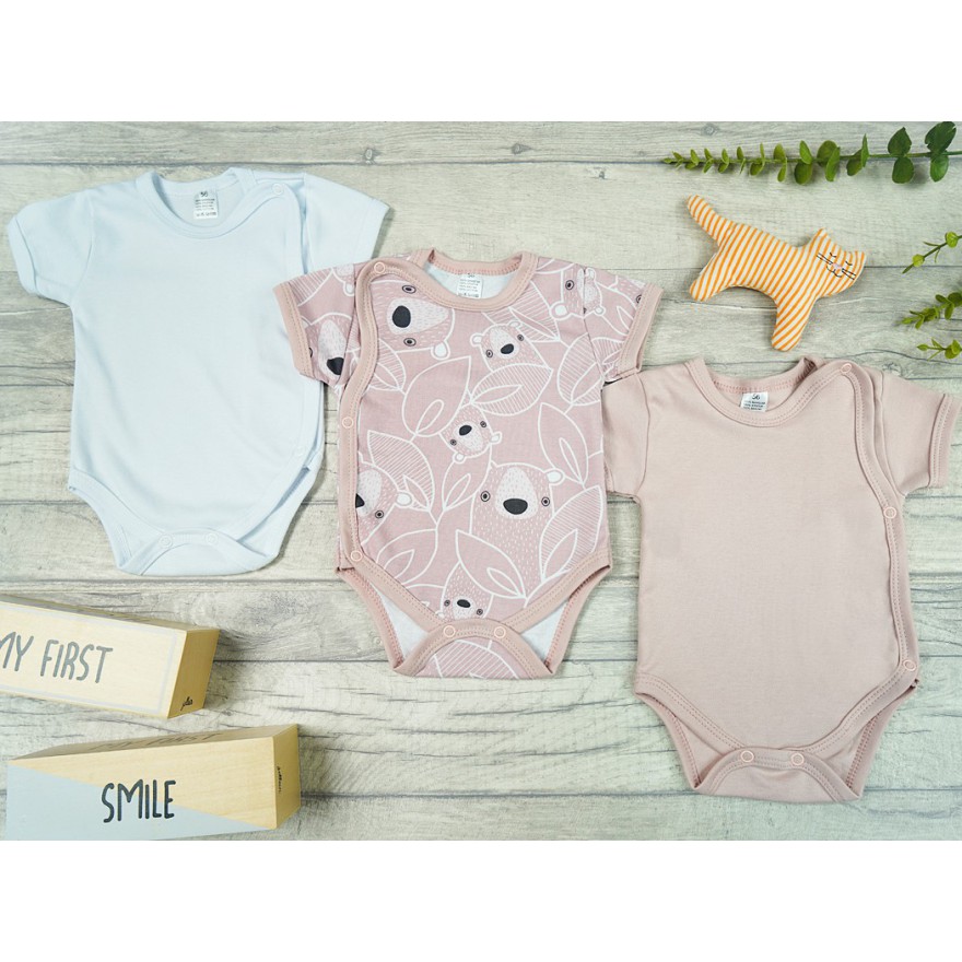 3PAK BODY kopertowe z krótkim rękawem różowy miś