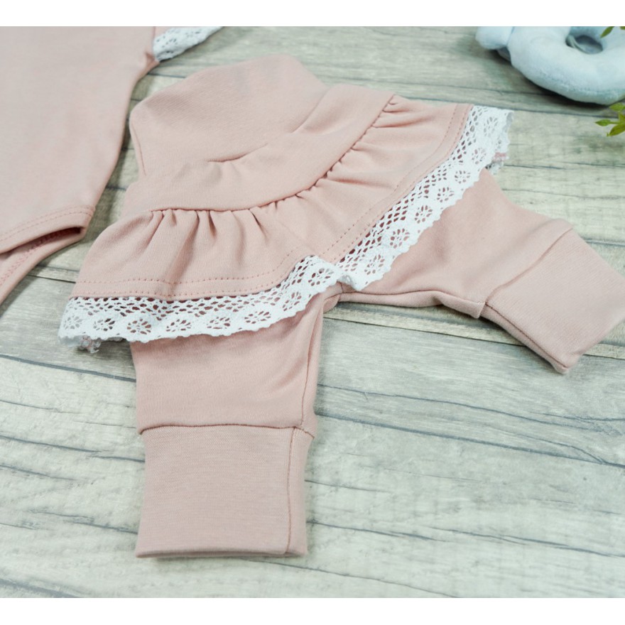 Różowy komplet 2cz body + spodnie z falbanką koronką HANIA