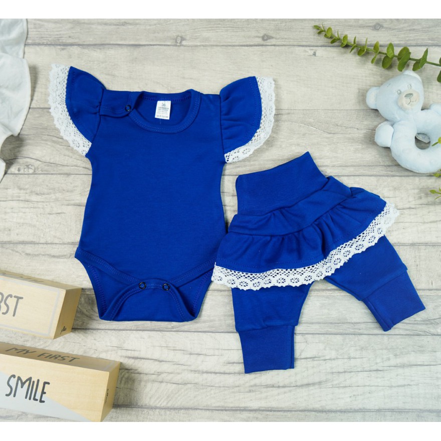 Chabrowy komplet 2cz body + spodnie z falbanką koronką HANIA