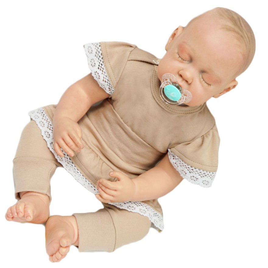 Beżowy komplet 2cz body + spodnie z falbanką koronką HANIA