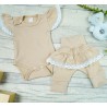 Beżowy komplet 2cz body + spodnie z falbanką koronką HANIA