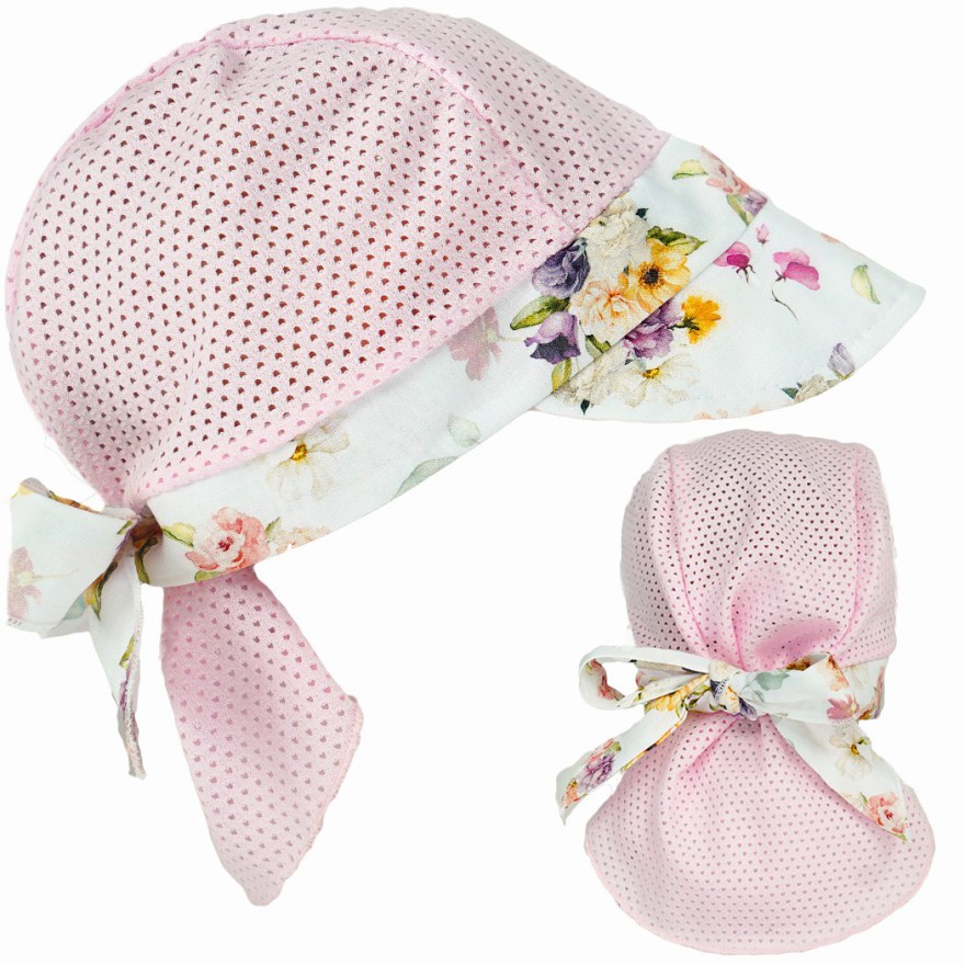 CZAPKA wiązana różowa w kwiaty z daszkiem na kark przeciw poceniu głowy