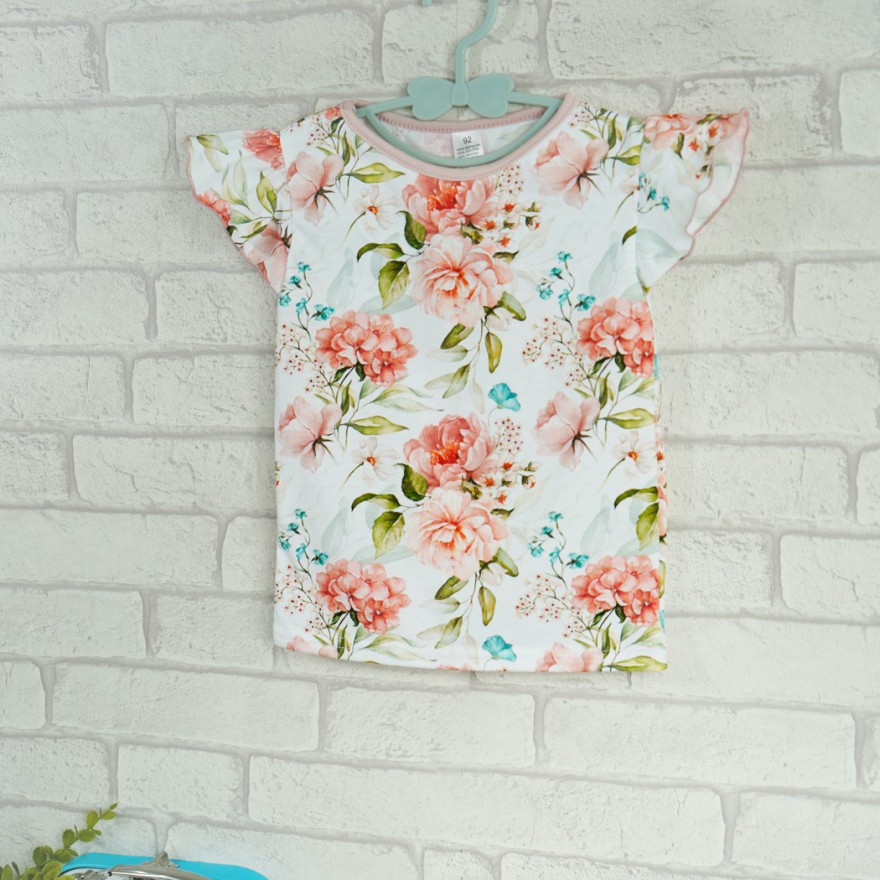 Kwiecista BLUZKA POLA z krótkim rękawem typu motylek koszulka w.422