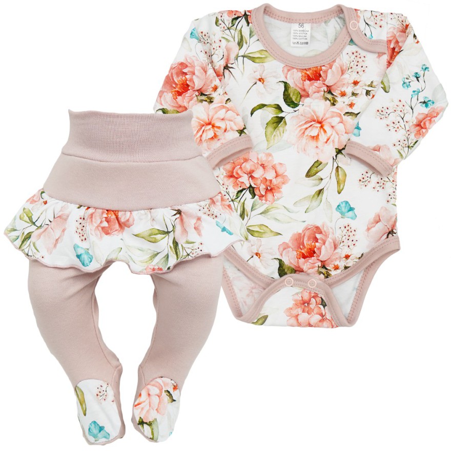 Komplet 2cz NADIA body + półśpiochy z falbanką w brzoskwiniowe kwiaty wz. 422