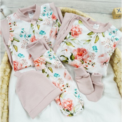WYPRAWKA dla noworodka do szpitala 5 części pudrowa brzoskwiniowe kwiaty 422