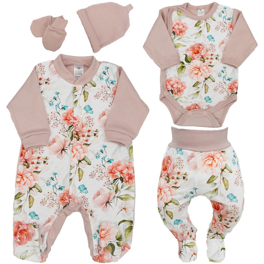 WYPRAWKA dla noworodka do szpitala 5 części pudrowa brzoskwiniowe kwiaty 422