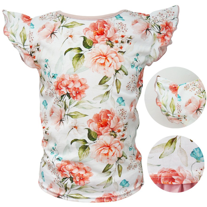 Kwiecista BLUZKA POLA z krótkim rękawem typu motylek koszulka w.422